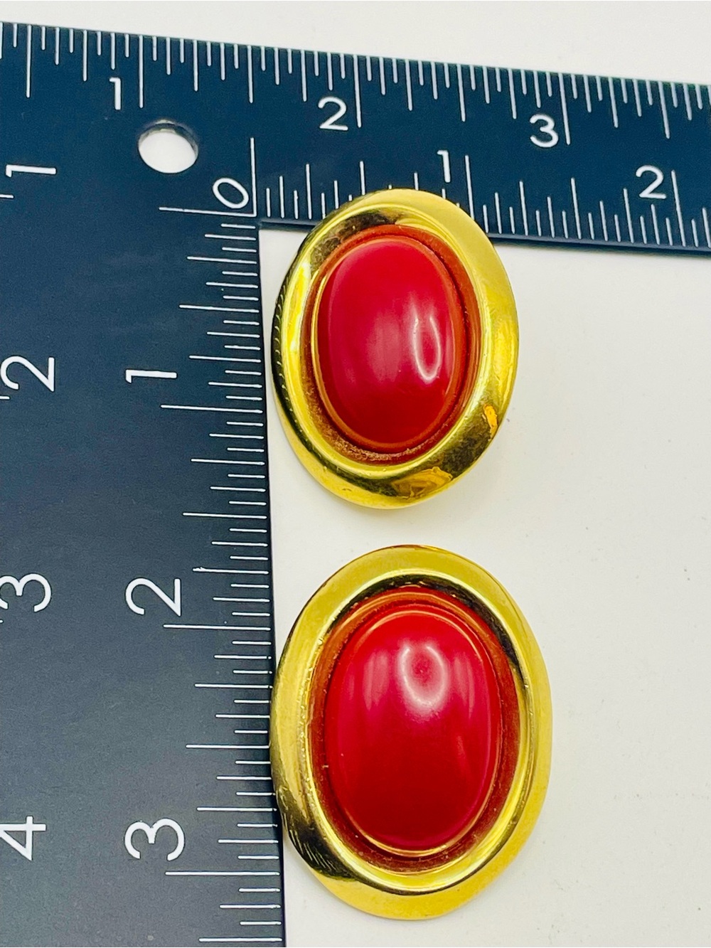 Monet Gold-Tone Clip on Earrings with Deep Red Acrylic Cabochons - Picture 5 of 5